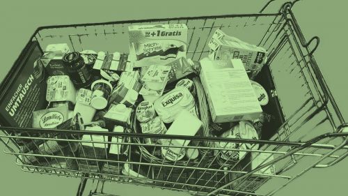 voller Einkaufswagen mit verschiedenen Produkten wie Jogurt, Butter, Milch und vieles mehr